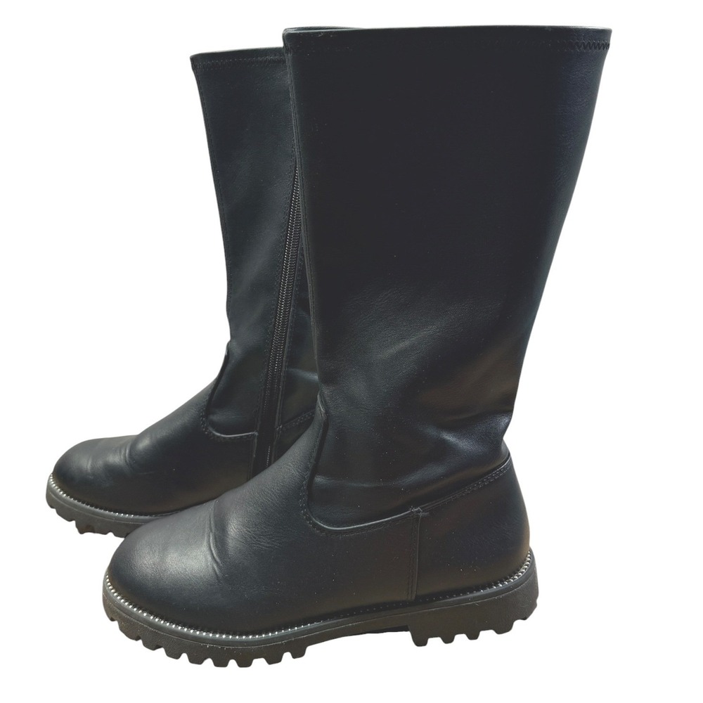 SO Tall Black Boots Girls Youth 2 Faux Leather Black Lug Sole Side Zip School